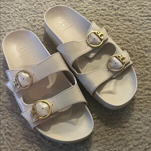 Tory Burch Cream Slides with Gold Accents